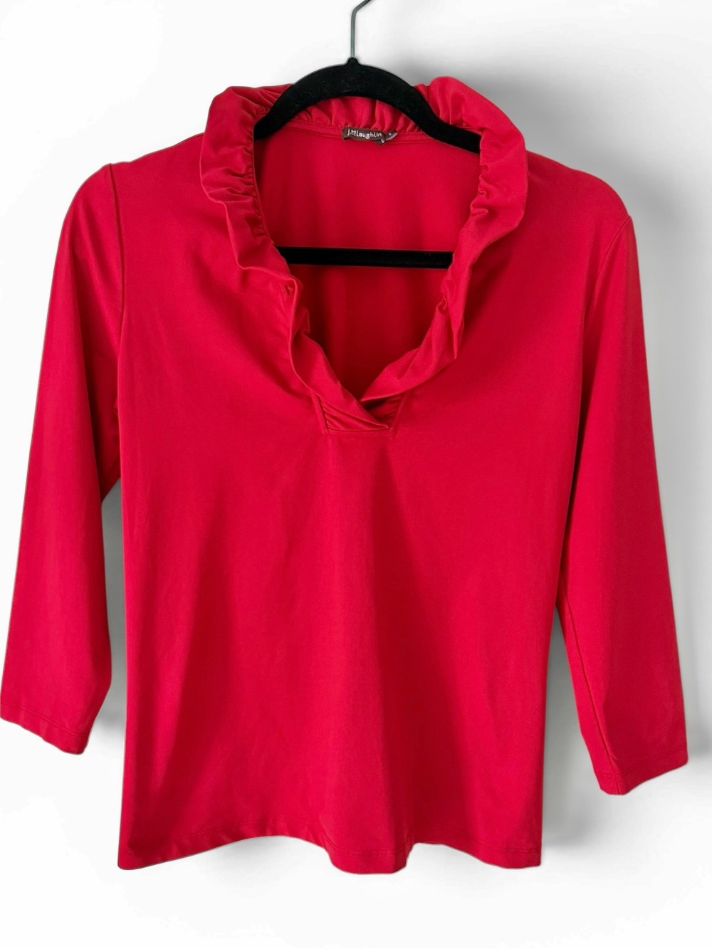 J. McLaughlin Red Ruffle Neck Top Size Small 3/4 Sleeve Stretch Knit - Picture 2 of 6